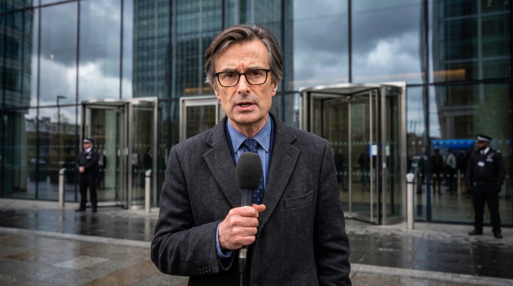 Robert Peston reporting outside a glass office building